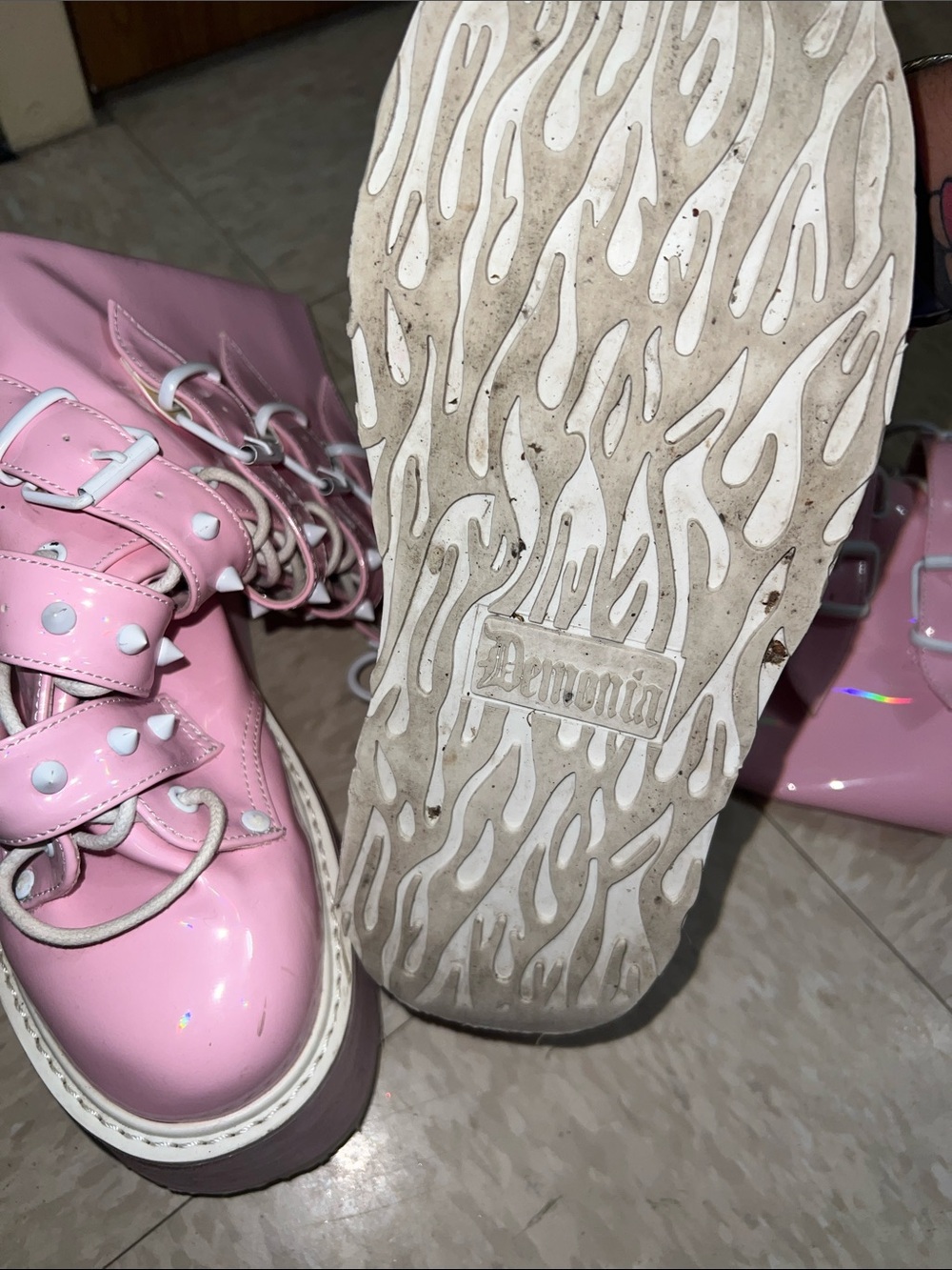 Demonia Pink Patent Platform Lace-Up Buckle Boots - Picture 4 of 4